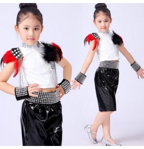 Girls black white child children rivet modern dance school play show stage performance dance hip hop outfits costumes 